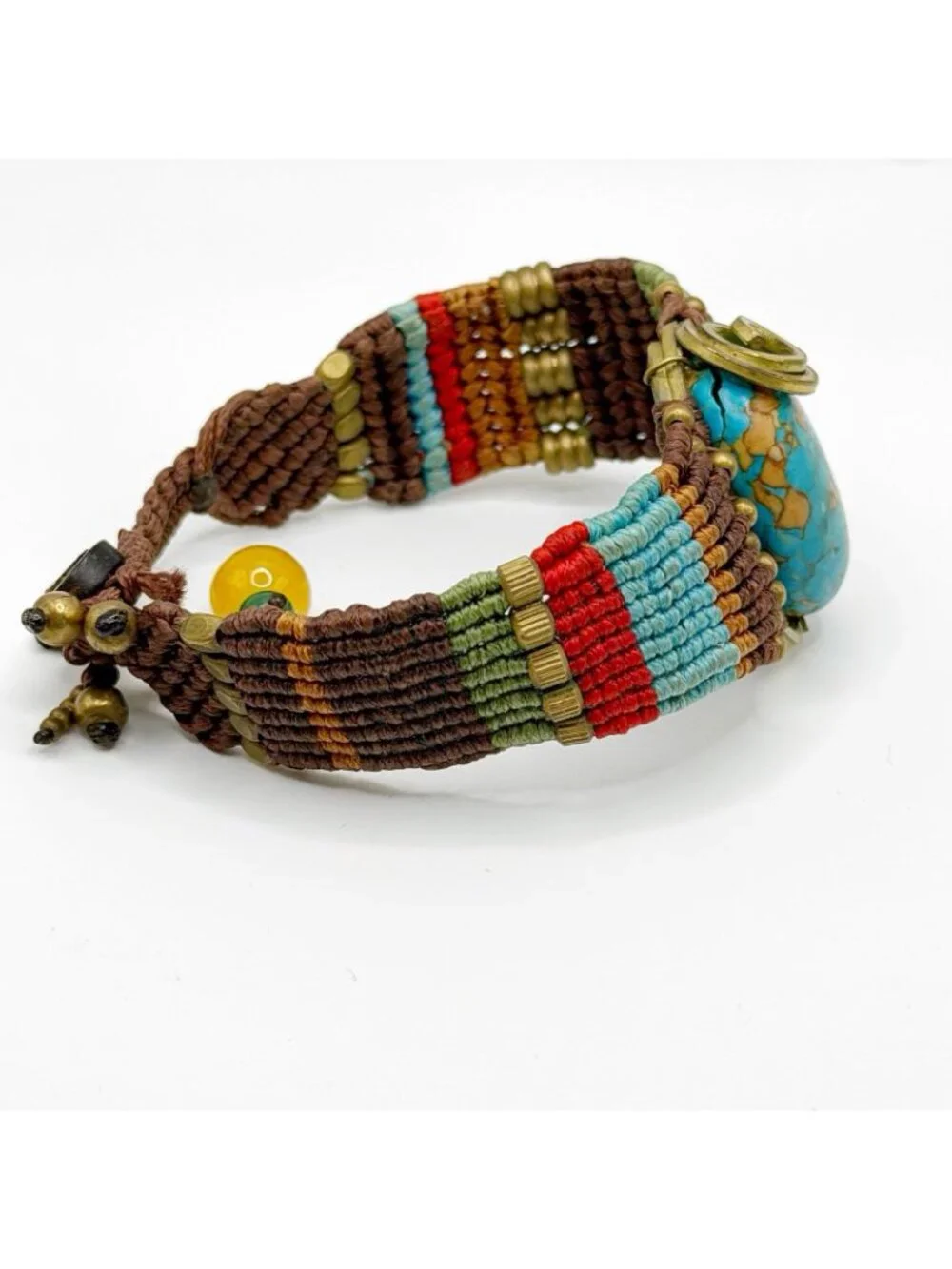 Vintage Macrame Braided Bracelet Hand Made Brass Beads Turquoise Stone FLAW